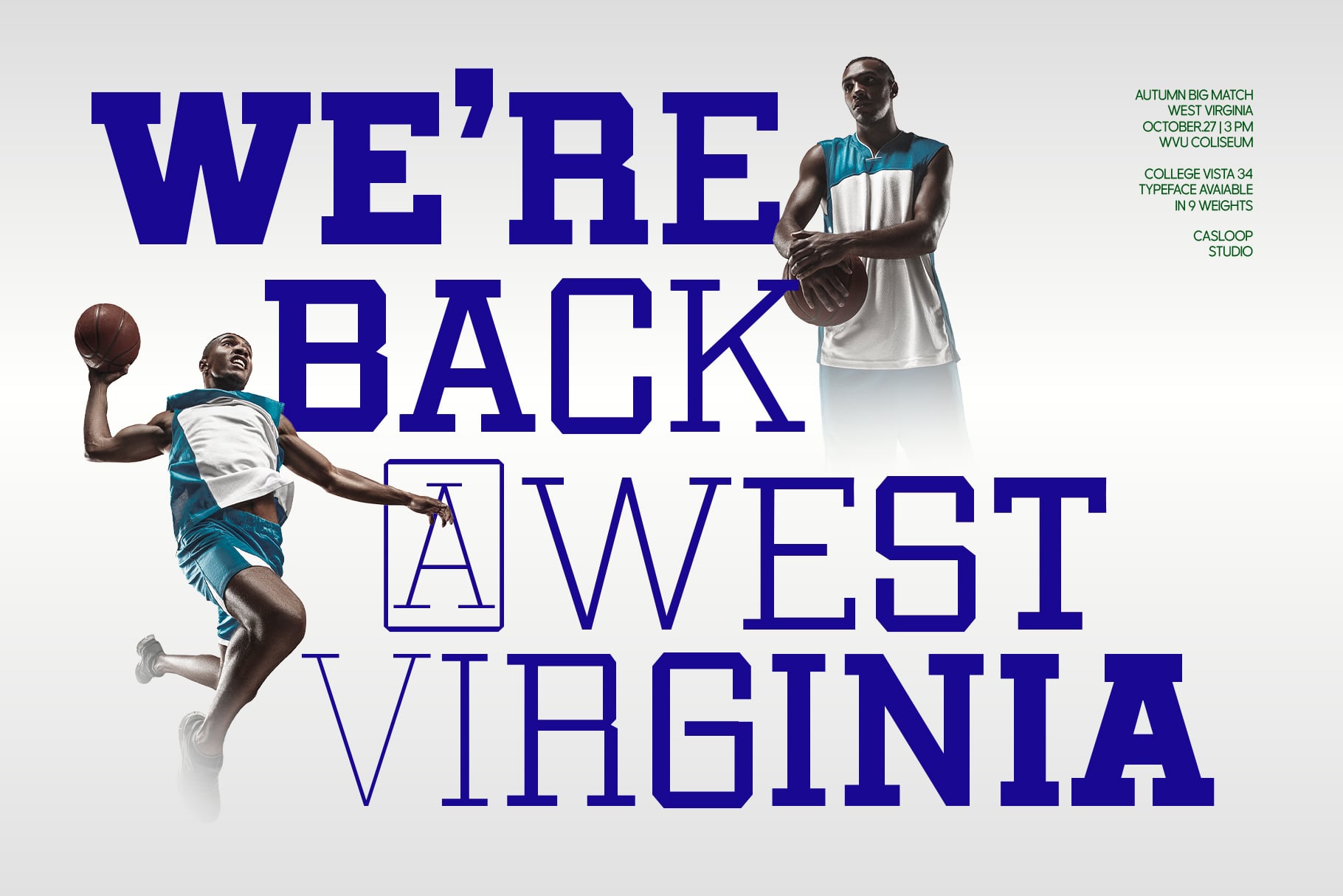 Basketball poster mockup showing two athletes in teal jerseys with bold navy typography for WVU event promotion