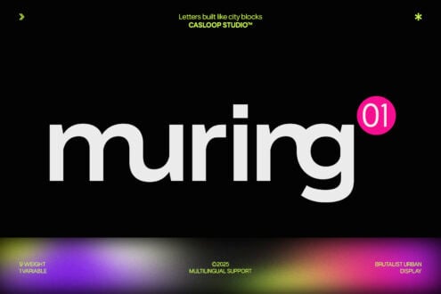 Casloop Studio font displaying chunky geometric letters spelling "muring" with pink numbered badge on black background