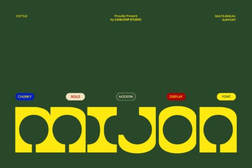 Casloop font family in 3 styles: chunky blue, bold cream, modern outlined, display red, plus yellow weight on dark green bg