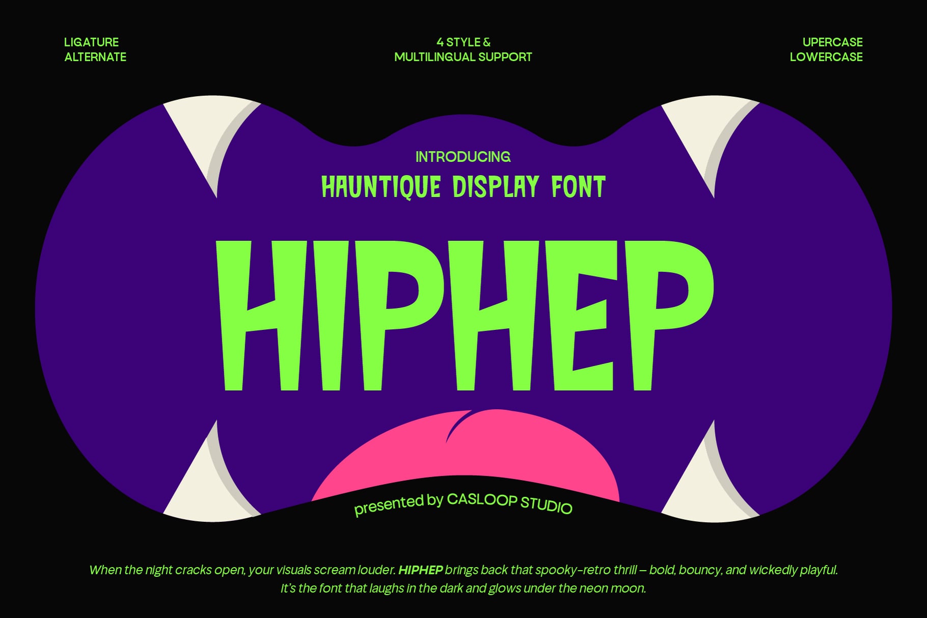 Hauntique Display Font showcase with neon green letters on purple background by Casloop Studio