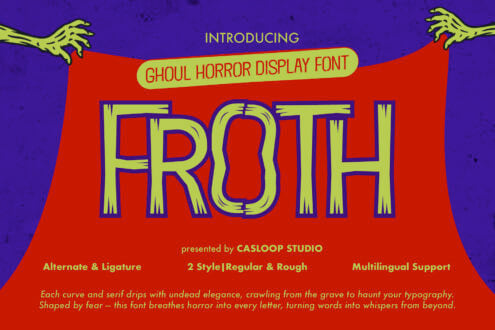 Froth horror display font with zombie hands, neon yellow lettering on red banner, deep purple background
