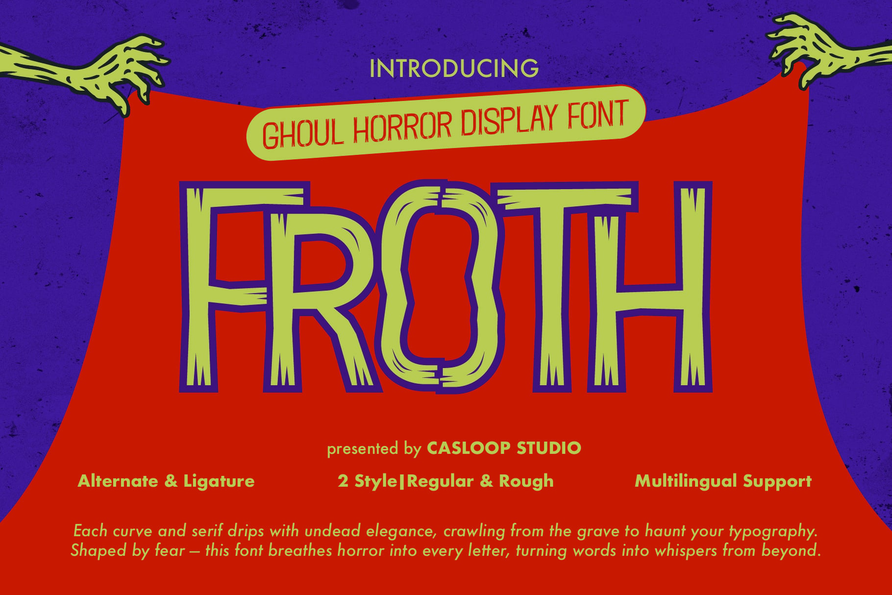 Froth horror display font with zombie hands, neon yellow lettering on red banner, deep purple background