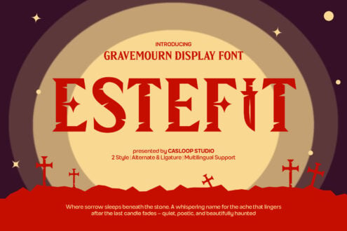 Gravemourn Display Font showcase with bold red serif letters, moody purple sky, gravestones, stars, by Casloop Studio