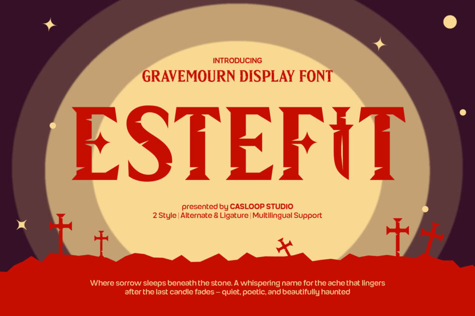 Gravemourn Display Font showcase with bold red serif letters, moody purple sky, gravestones, stars, by Casloop Studio