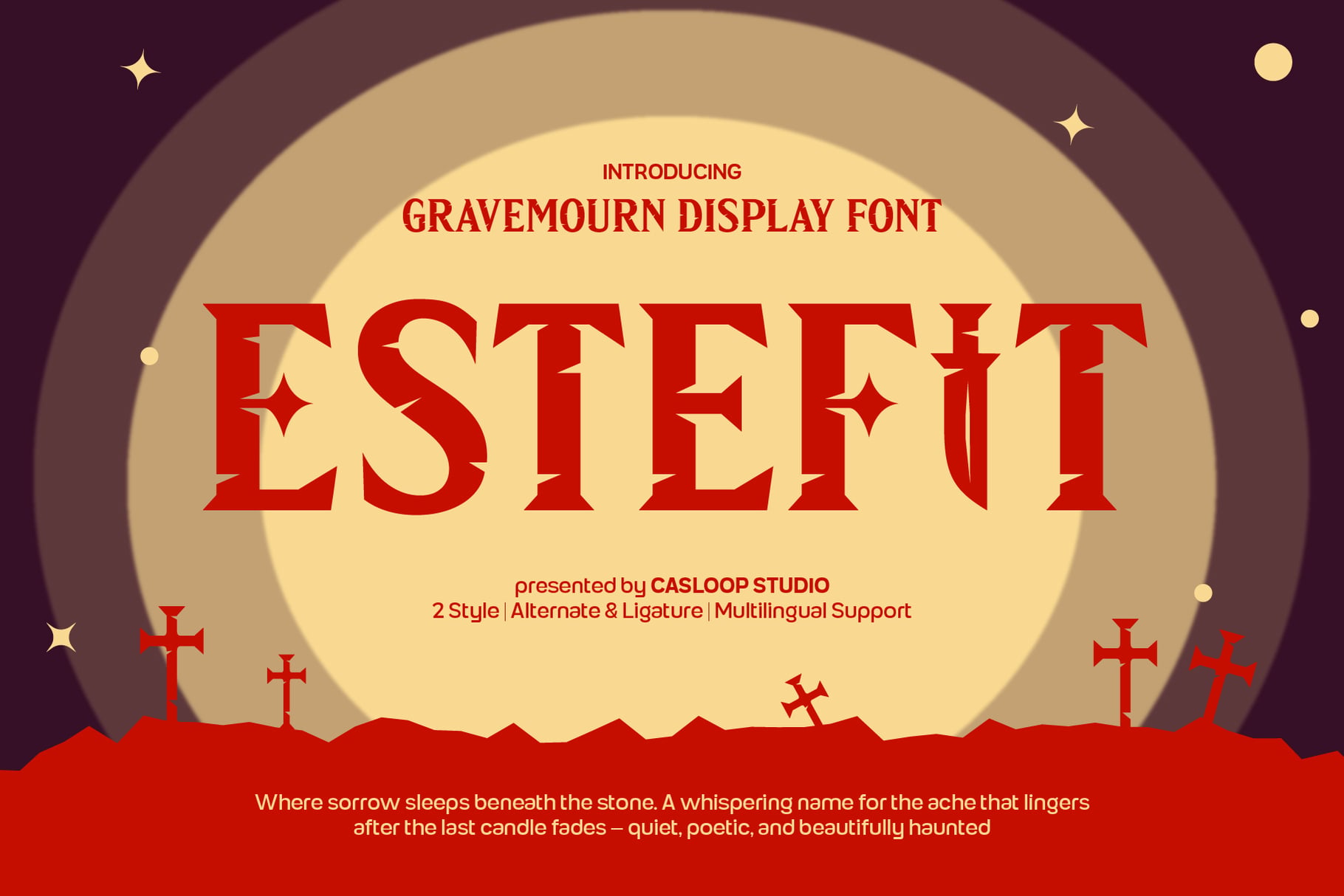 Gravemourn Display Font showcase with bold red serif letters, moody purple sky, gravestones, stars, by Casloop Studio