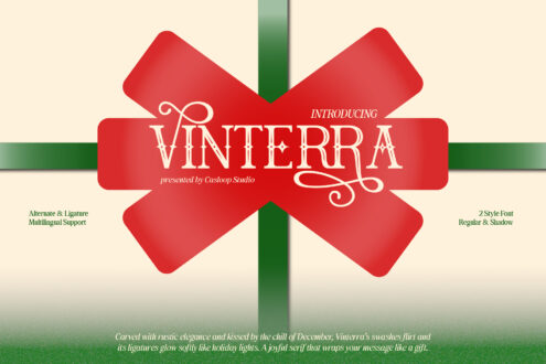 Vinterra serif font showcase with ornate swashes on red ribbon banner with green crossing ribbons