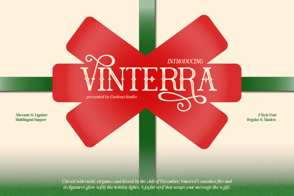 Vinterra serif font showcase with ornate swashes on red ribbon banner with green crossing ribbons