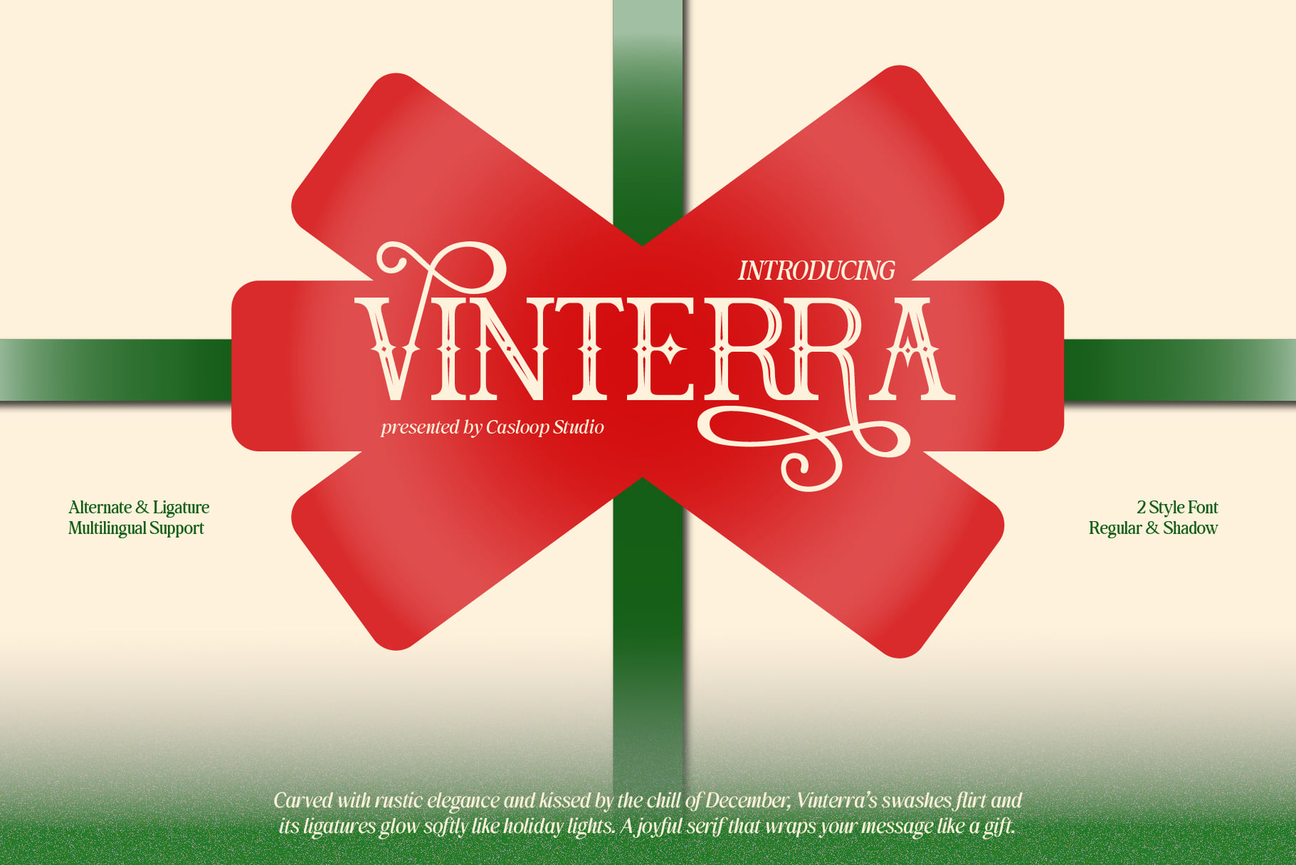 Vinterra serif font showcase with ornate swashes on red ribbon banner with green crossing ribbons