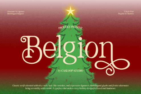 Belgion serif font displayed over illustrated Christmas tree with gold star, cream text on red gradient background