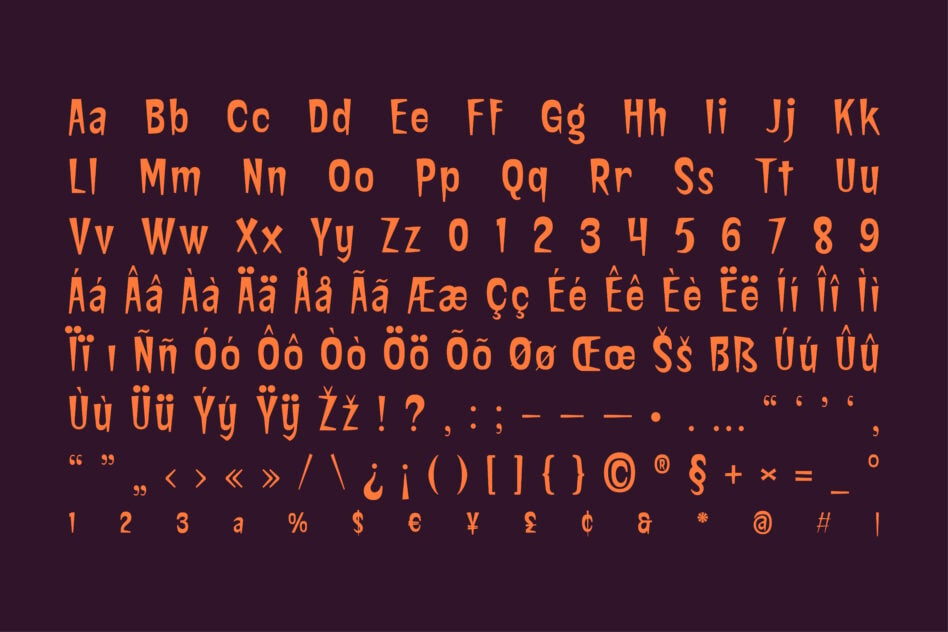 Bright orange font display showing full character set with accents, numbers, symbols on dark purple background