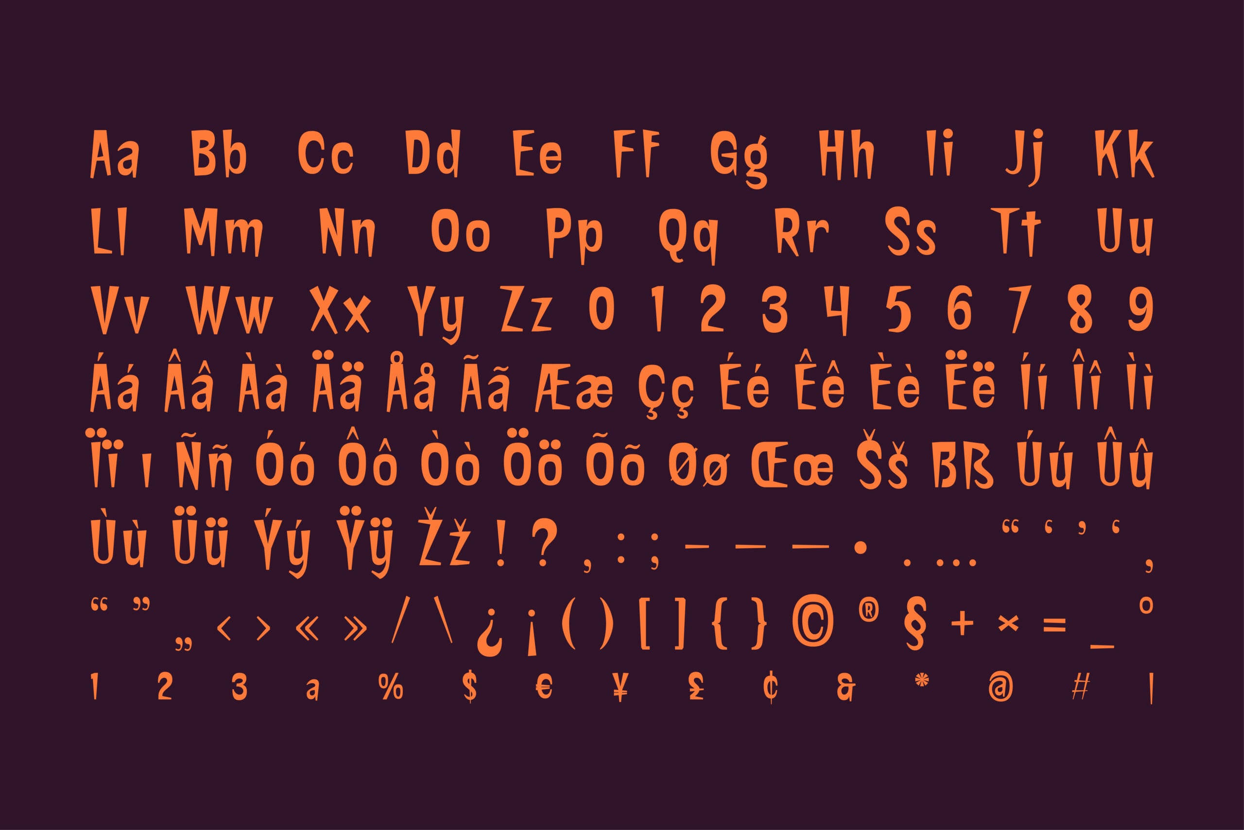 Bright orange font display showing full character set with accents, numbers, symbols on dark purple background