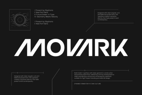 Movark typeface sample with circular tech diagram, design philosophy notes on black