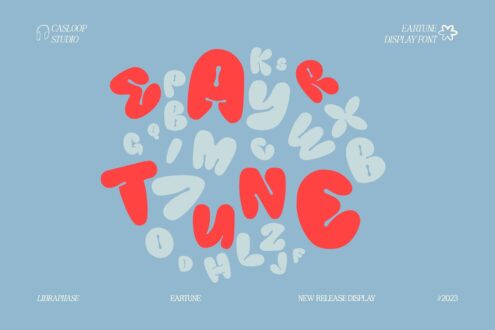 Eartune display font with red, cream letters scattered on soft blue background