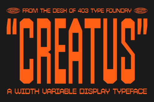 Creations font specimen showing bold orange letterforms with geometric cutouts on black