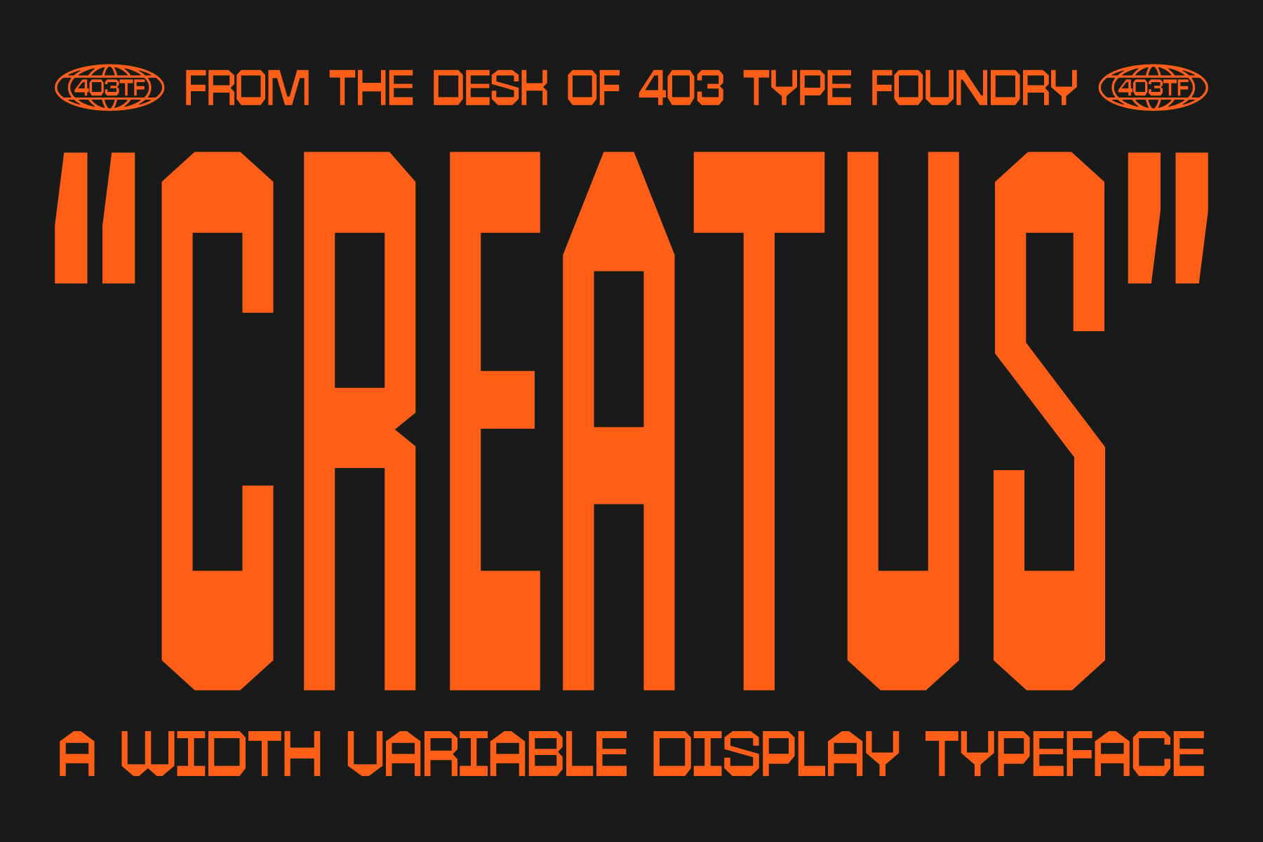 Creations font specimen showing bold orange letterforms with geometric cutouts on black