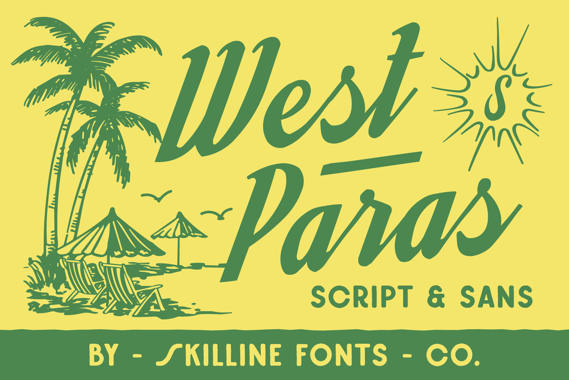 West Paras script with sans font pair, tropical beach vibes on sunny yellow background