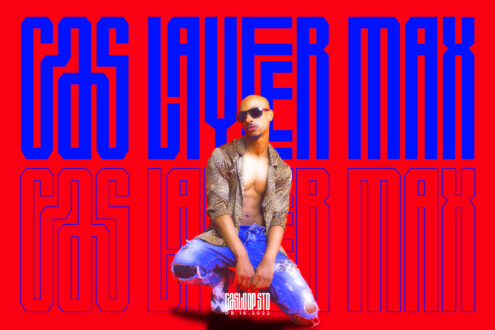Bold red poster with massive blue outlined text, man in sunglasses crouching center frame wearing gold shirt with ripped blue jeans