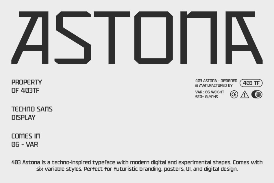 Bold geometric sans serif typeface with sharp angles in six weights