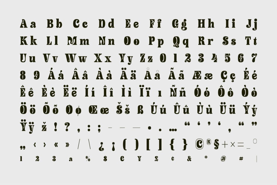Serif typeface character set with uppercase, lowercase, numbers, accents plus symbols on gray background