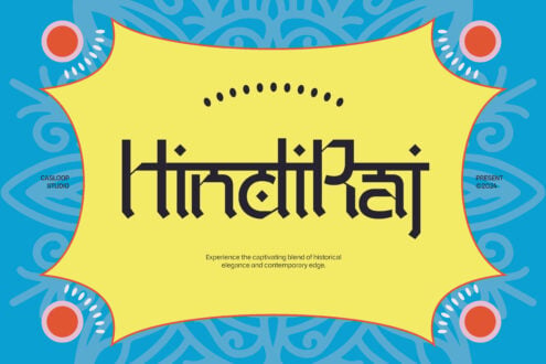 Hindalraj font display with vibrant yellow badge on ornate blue background with decorative elements