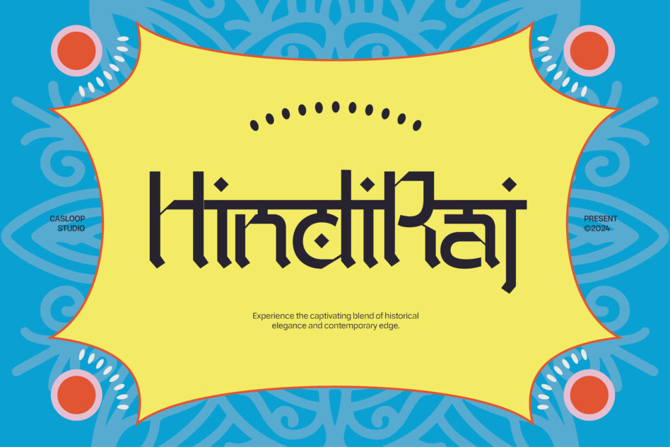Hindalraj font display with vibrant yellow badge on ornate blue background with decorative elements