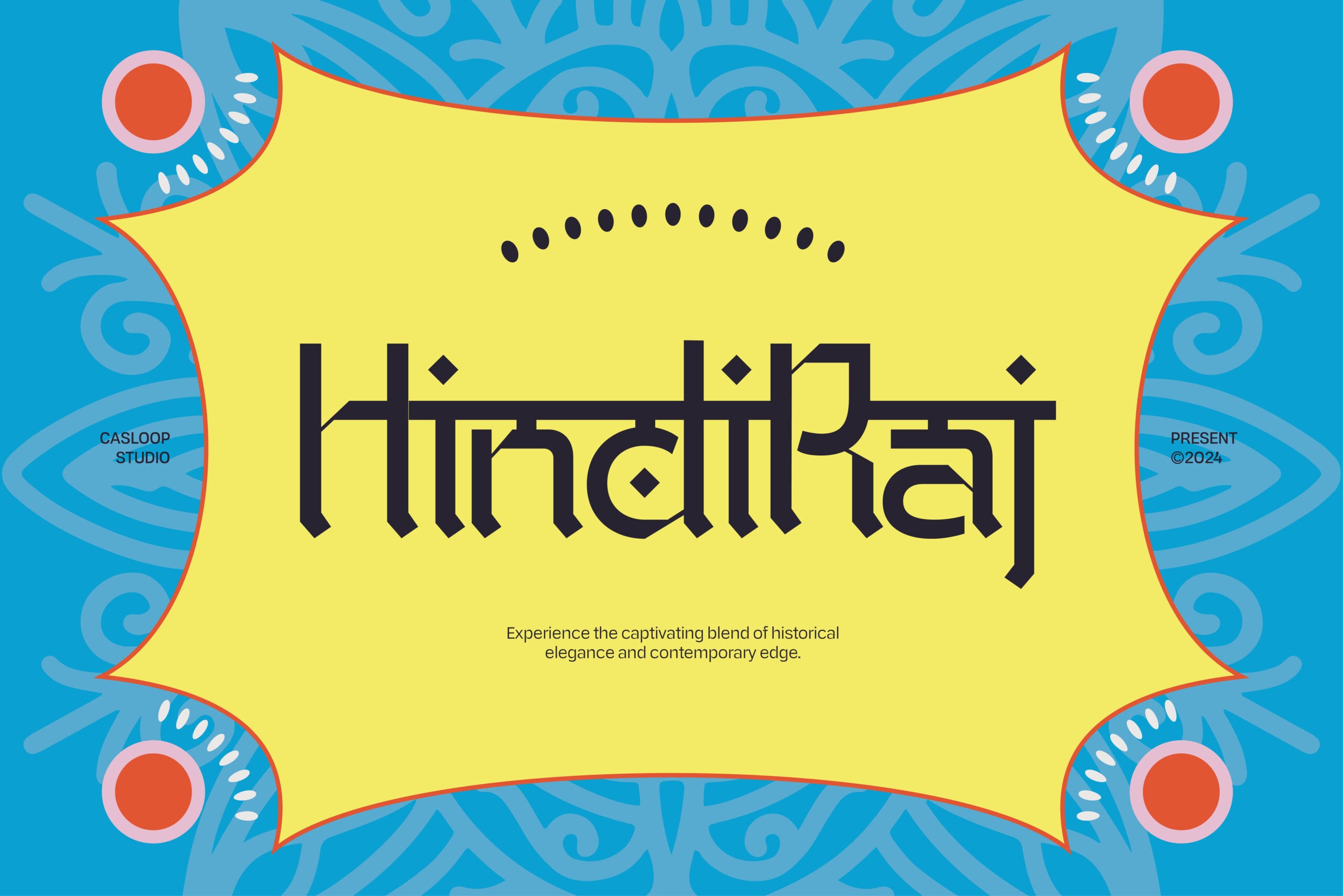 Hindalraj font display with vibrant yellow badge on ornate blue background with decorative elements