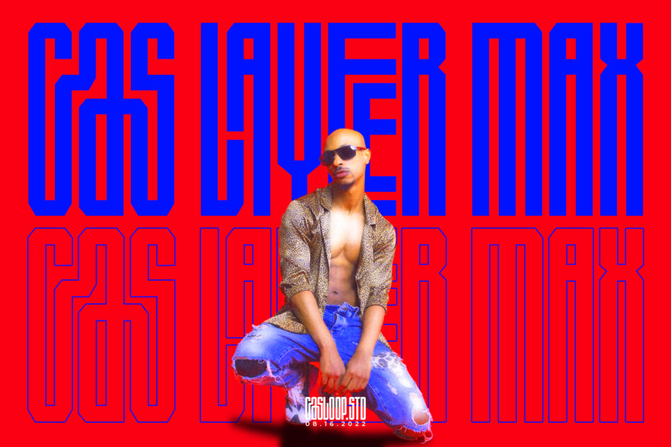 Bold red poster with massive blue outlined text, man in sunglasses crouching center frame wearing gold shirt with ripped blue jeans