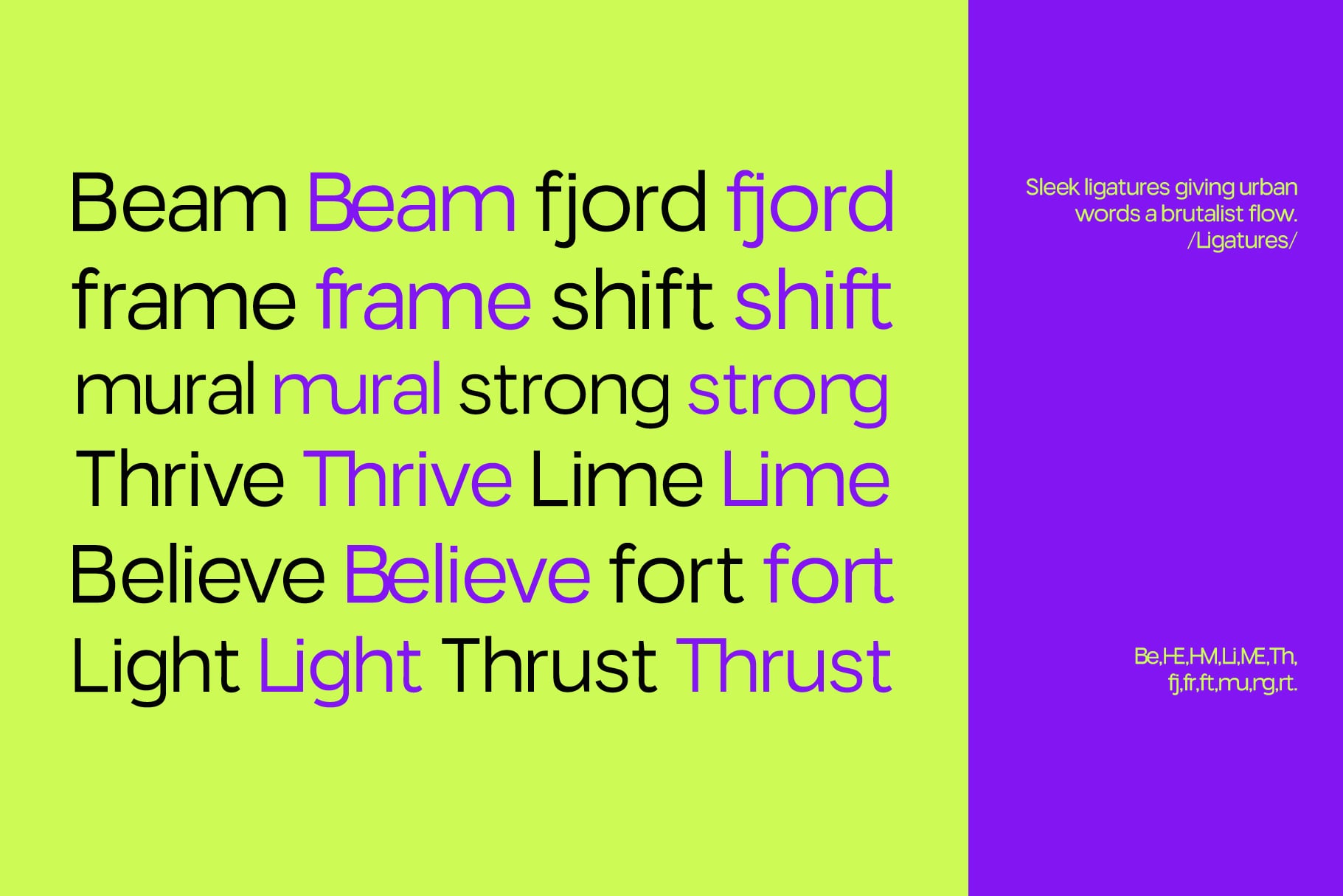 Neon lime split with purple showing bold typeface specimen with ligature details
