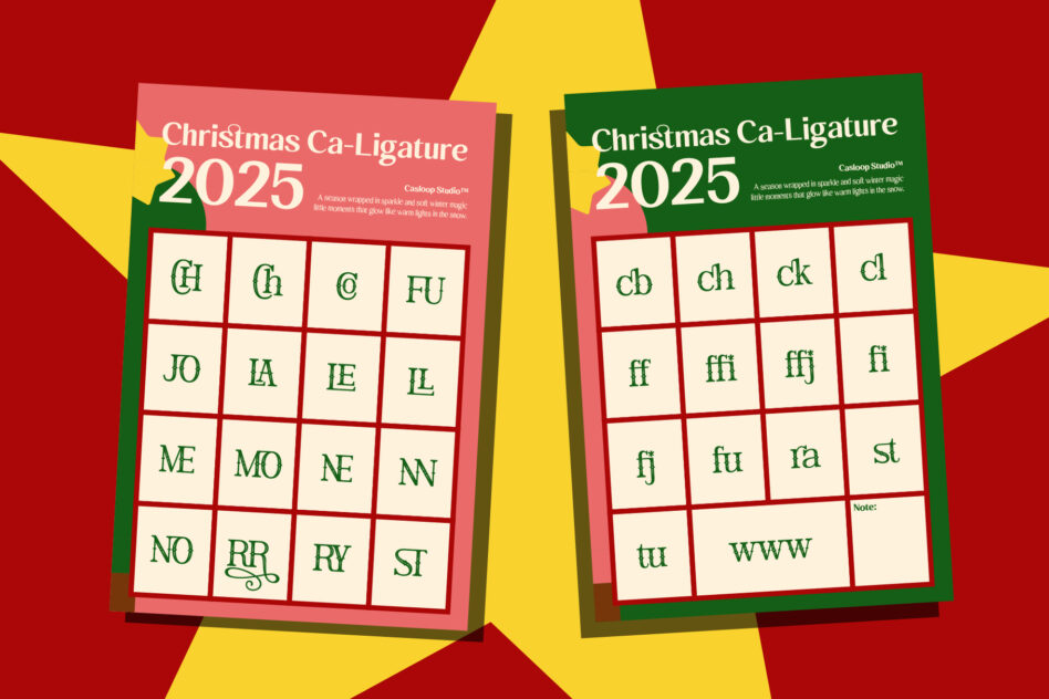 Two festive 2025 calendar mockups showing Christmas ligature characters in green, red, pink on bright red background with yellow star