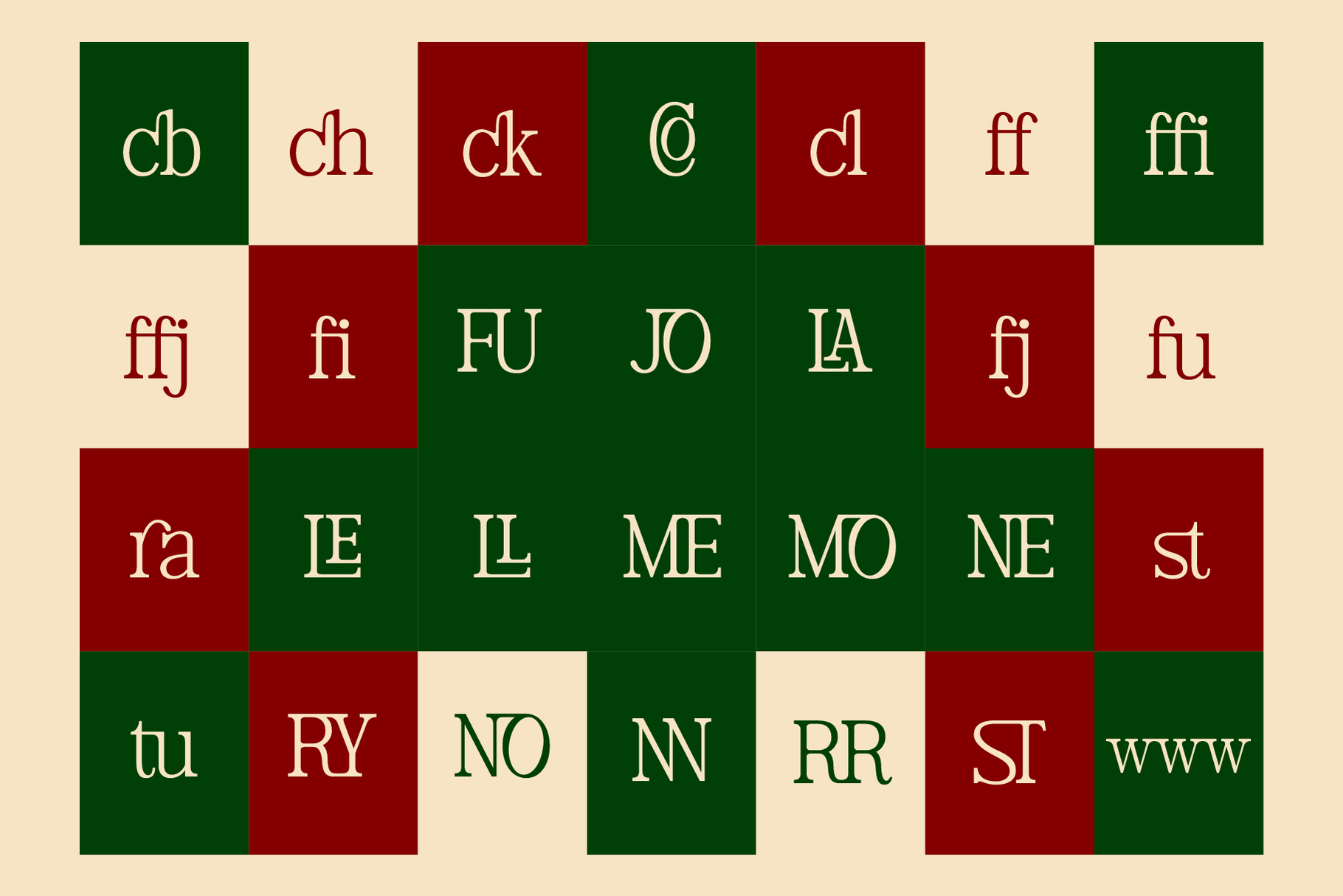 Crossword puzzle grid with cream background, red plus green squares showing ligatures, digraphs, abbreviations in elegant serif font