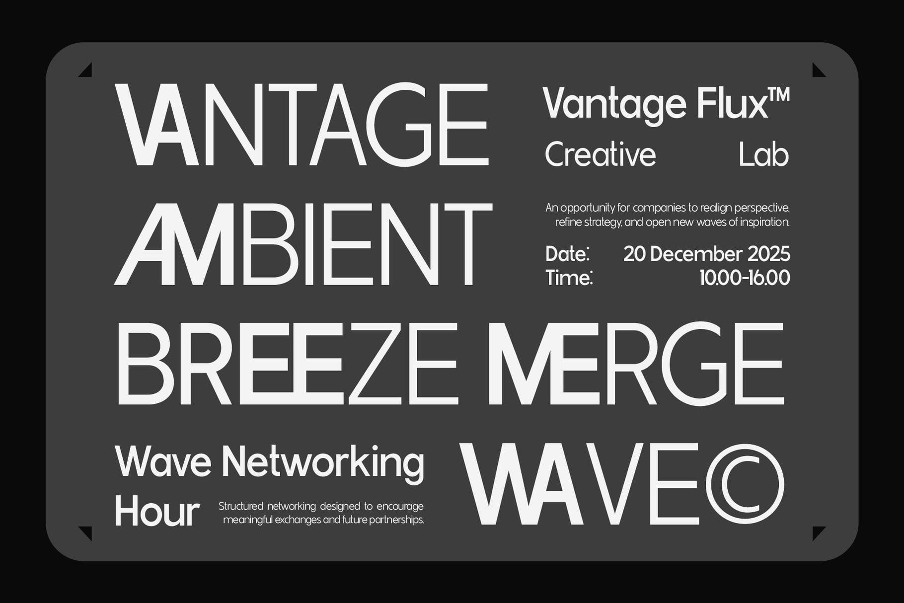 Dark grey event poster with bold white typography announcing Vantage Ambient Breeze Merge networking event on December 20, 2025