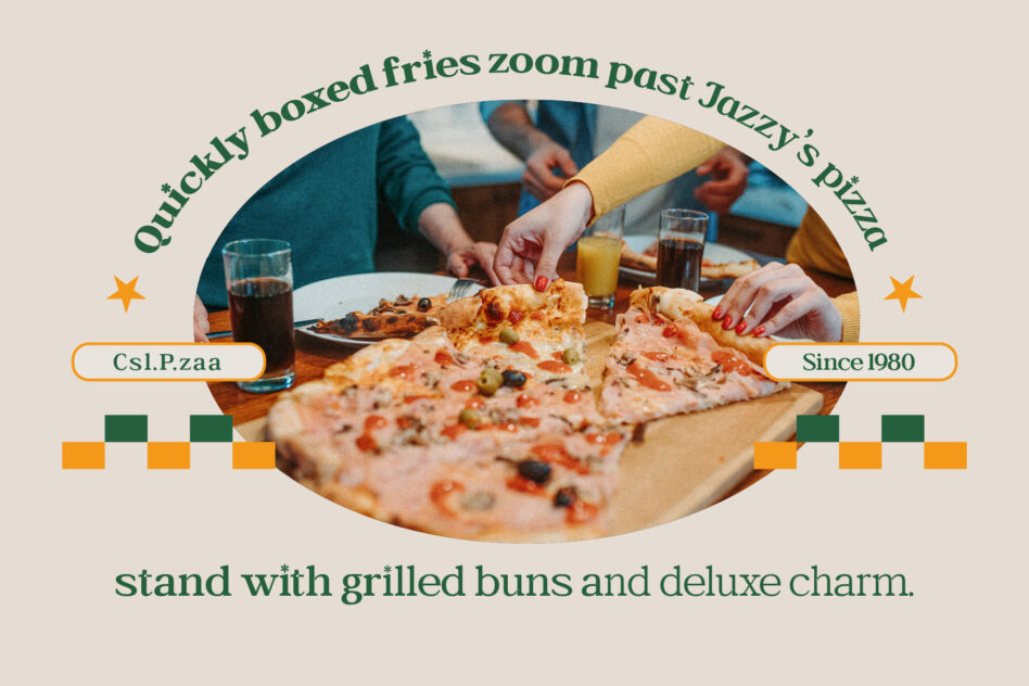 Retro pizza shop mockup with circular photo frame, curved text, orange stars, geometric elements