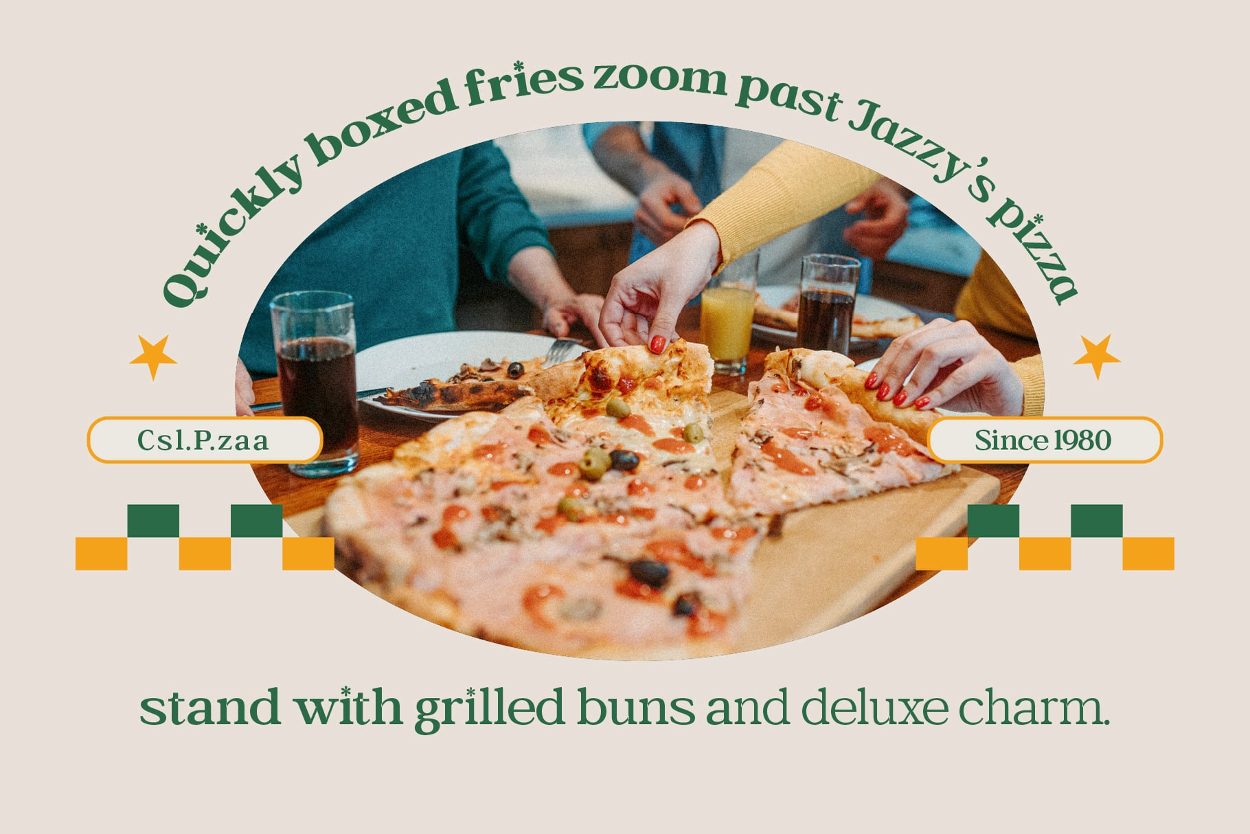 Retro pizza shop mockup with circular photo frame, curved text, orange stars, geometric elements