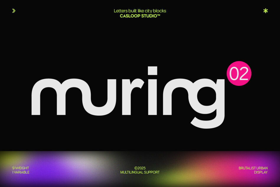 Casloop Studio font displaying word "muring" in chunky white letters with magenta badge on black background