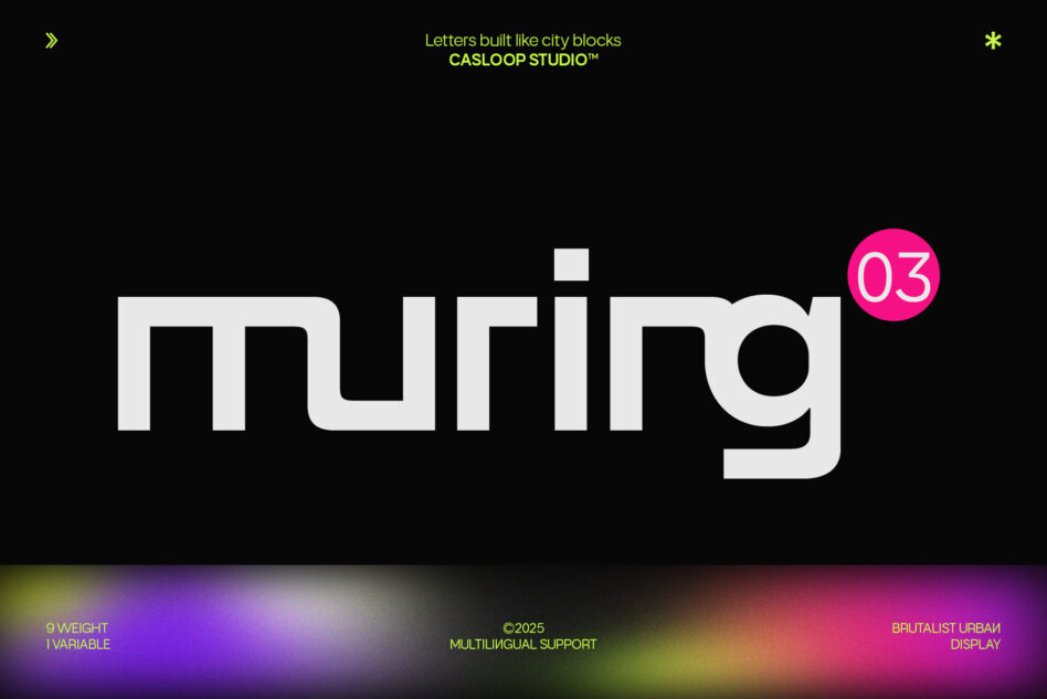 Casloop Studio geometric font with blocky letters spelling "muing" on black background