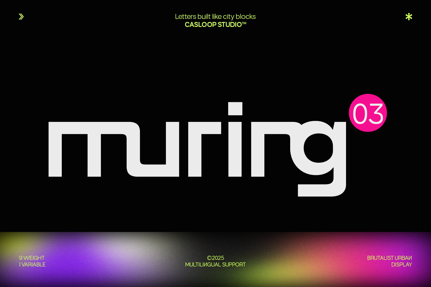 Casloop Studio geometric font with blocky letters spelling "muing" on black background