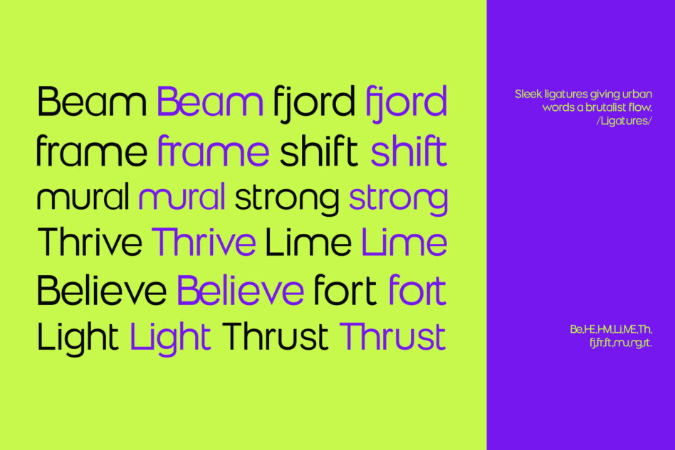 Neon lime to purple split screen showing font specimen with bold ligatures in contrasting colors