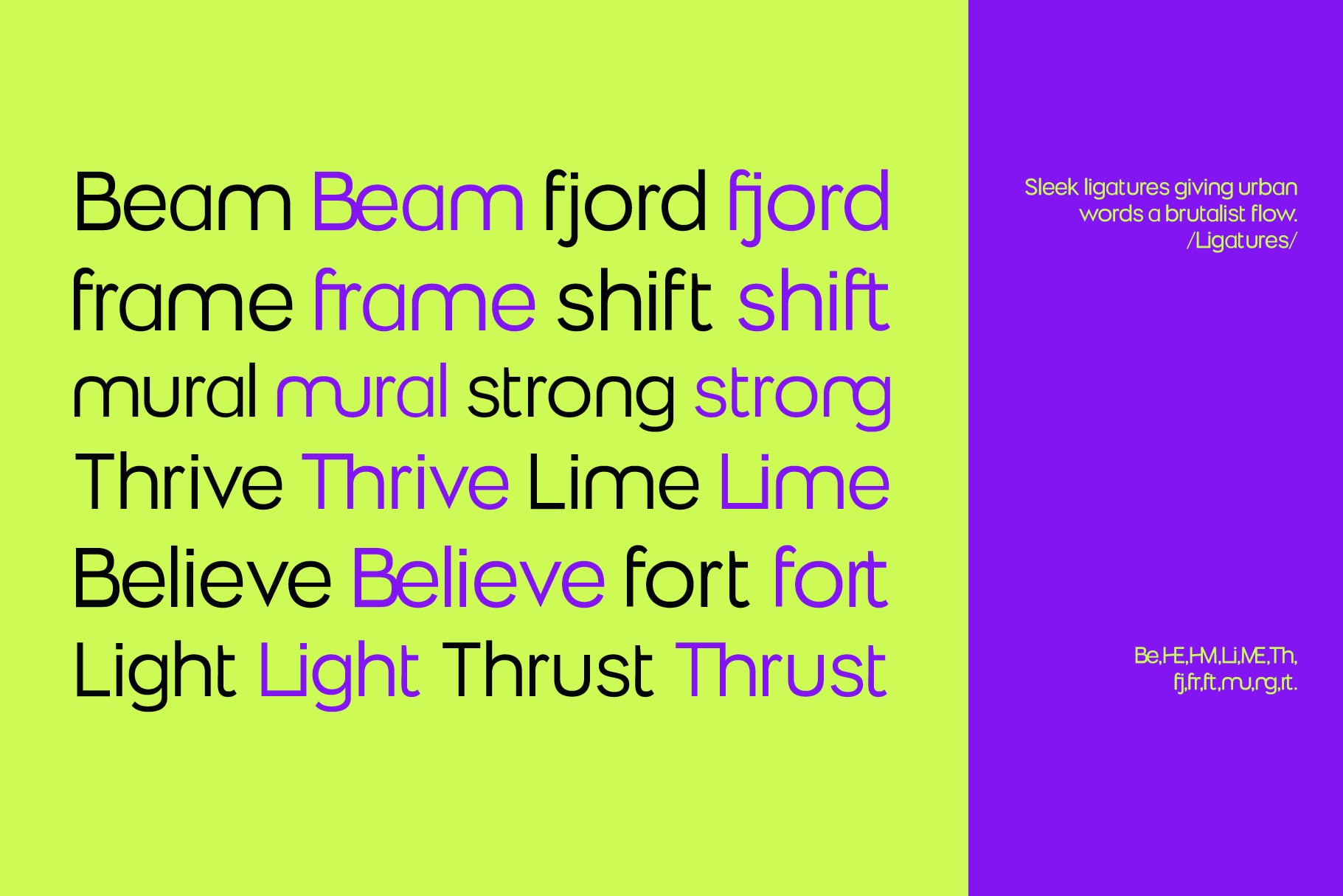 Neon lime to purple split screen showing font specimen with bold ligatures in contrasting colors