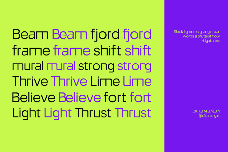 Ligatures font display with neon lime green, black, purple text on split layout