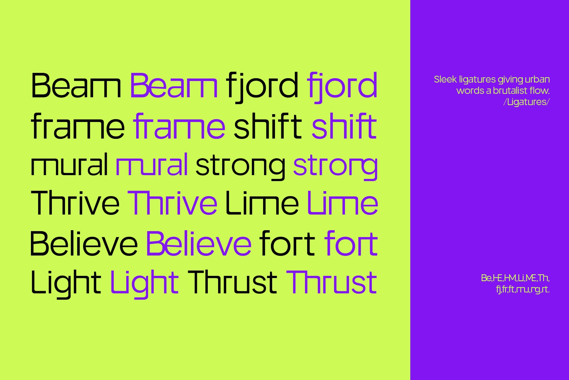 Ligatures font display with neon lime green, black, purple text on split layout