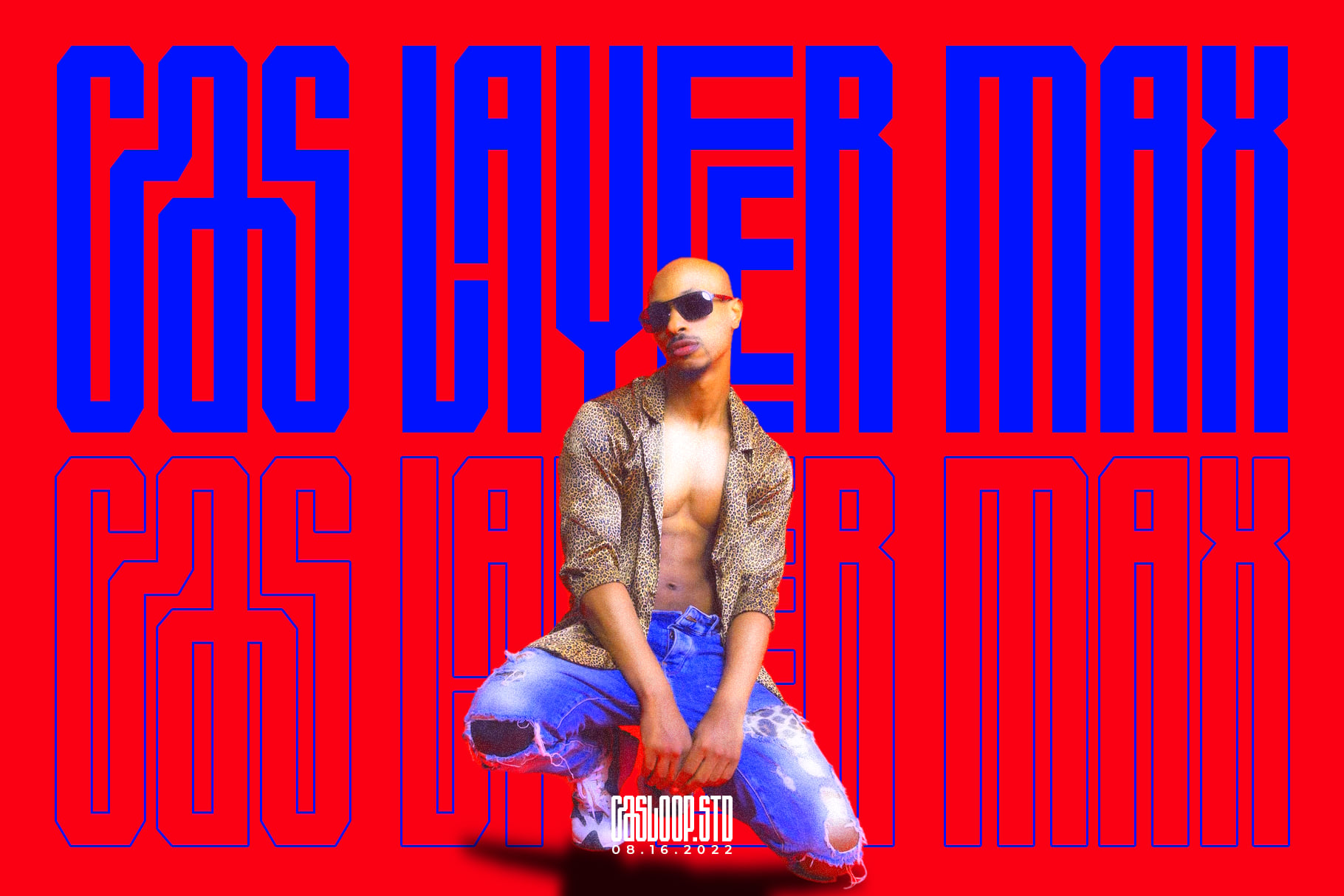 Bold red poster with massive blue outlined text, man in sunglasses crouching center frame wearing gold shirt with ripped blue jeans