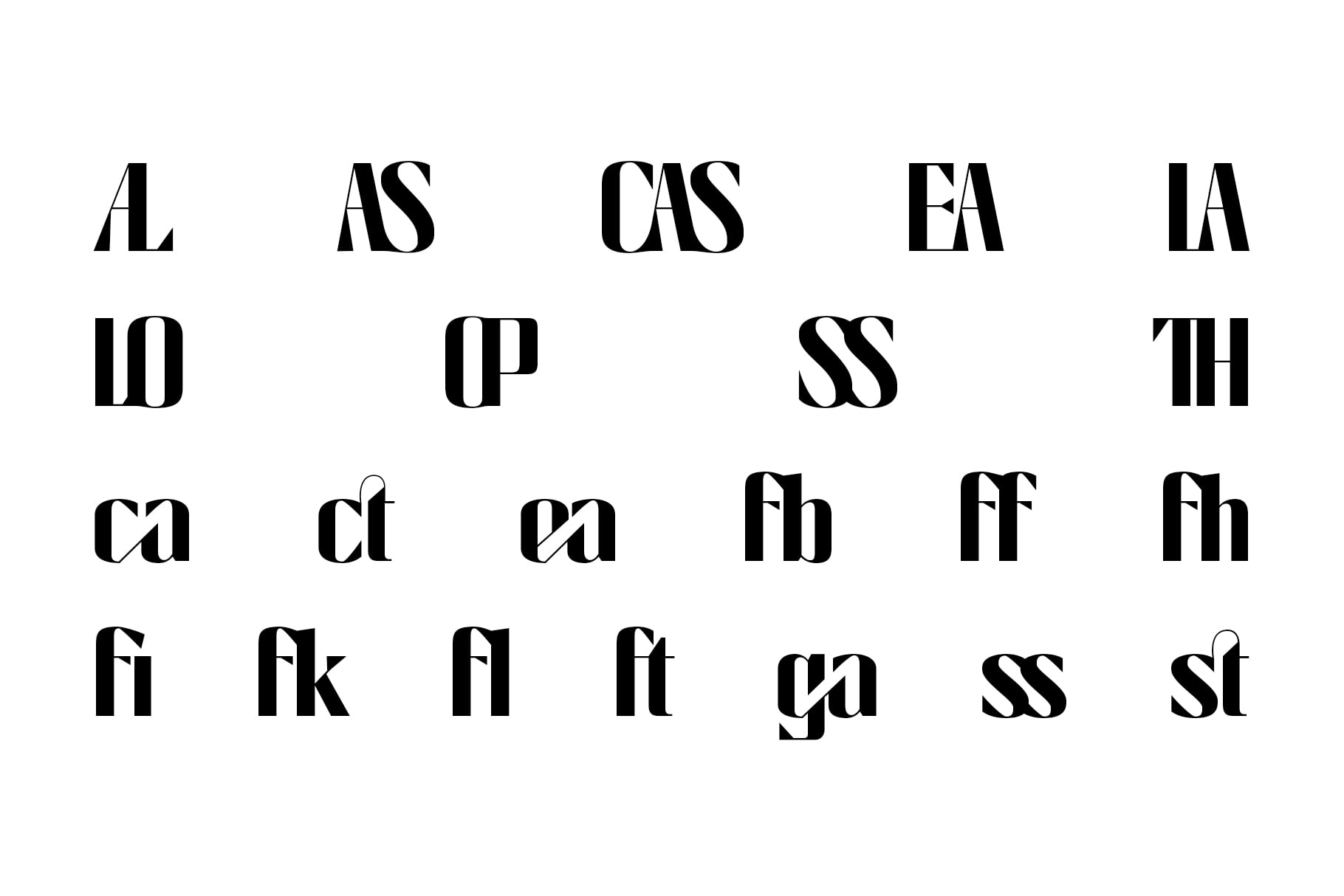 Serif font showing ligature combinations with stylized letterforms on white background