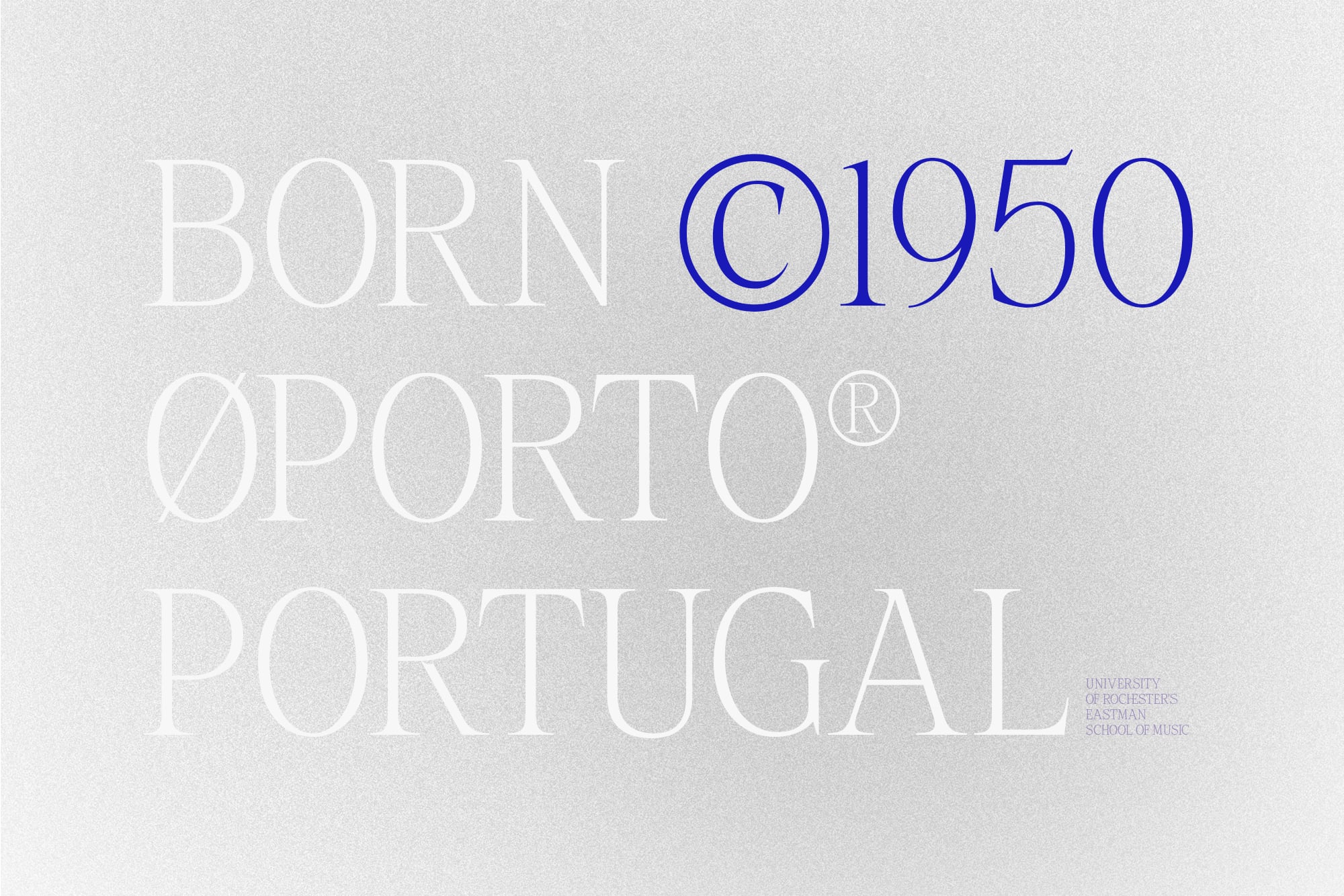Minimalist poster with elegant serif typography in white, blue C1950 accent, subtle university school of music credit