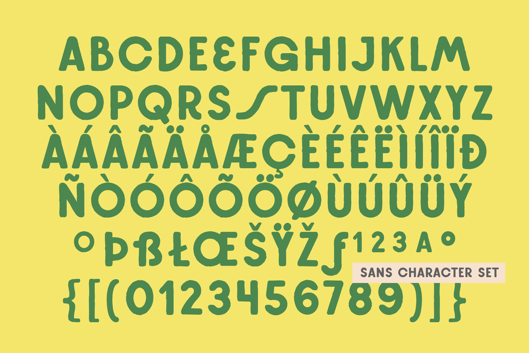 Bold teal sans serif font showing full character set with accents on bright yellow background