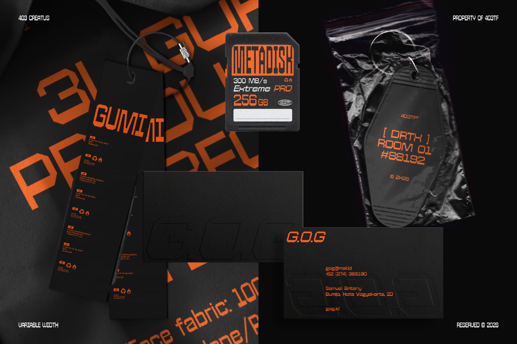 Dark tech branding mockup with orange accents, SD card, business cards, labels