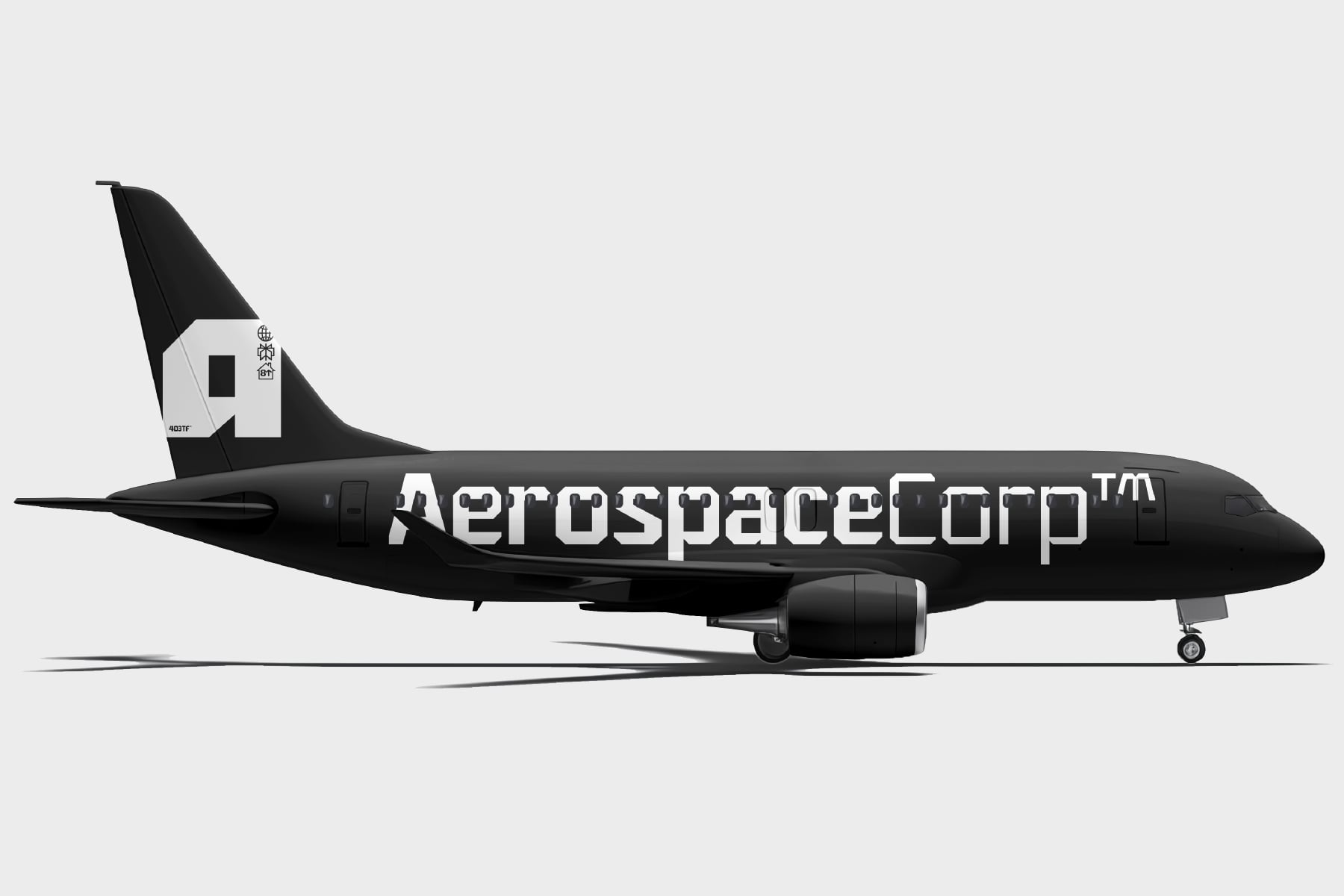 Sleek black aircraft mockup with AerospaceCorp branding on fuselage, side view