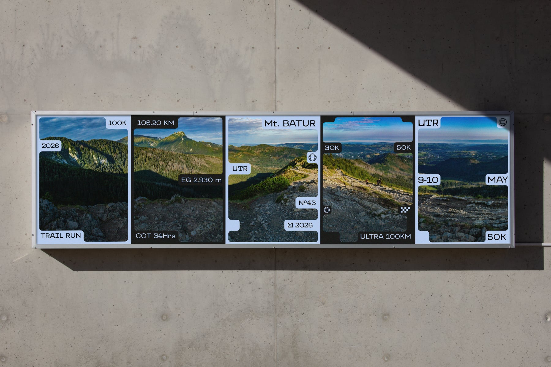Trail running race card mockup with mountain photos, elevation data, distance labels on concrete background