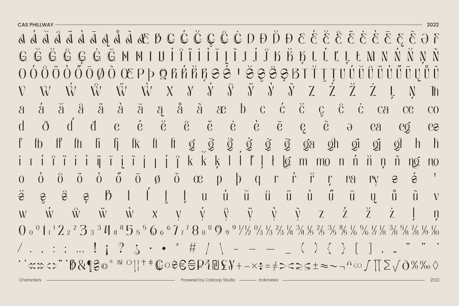 Cas Phillway serif typeface character set showing accents, ligatures, symbols, numbers