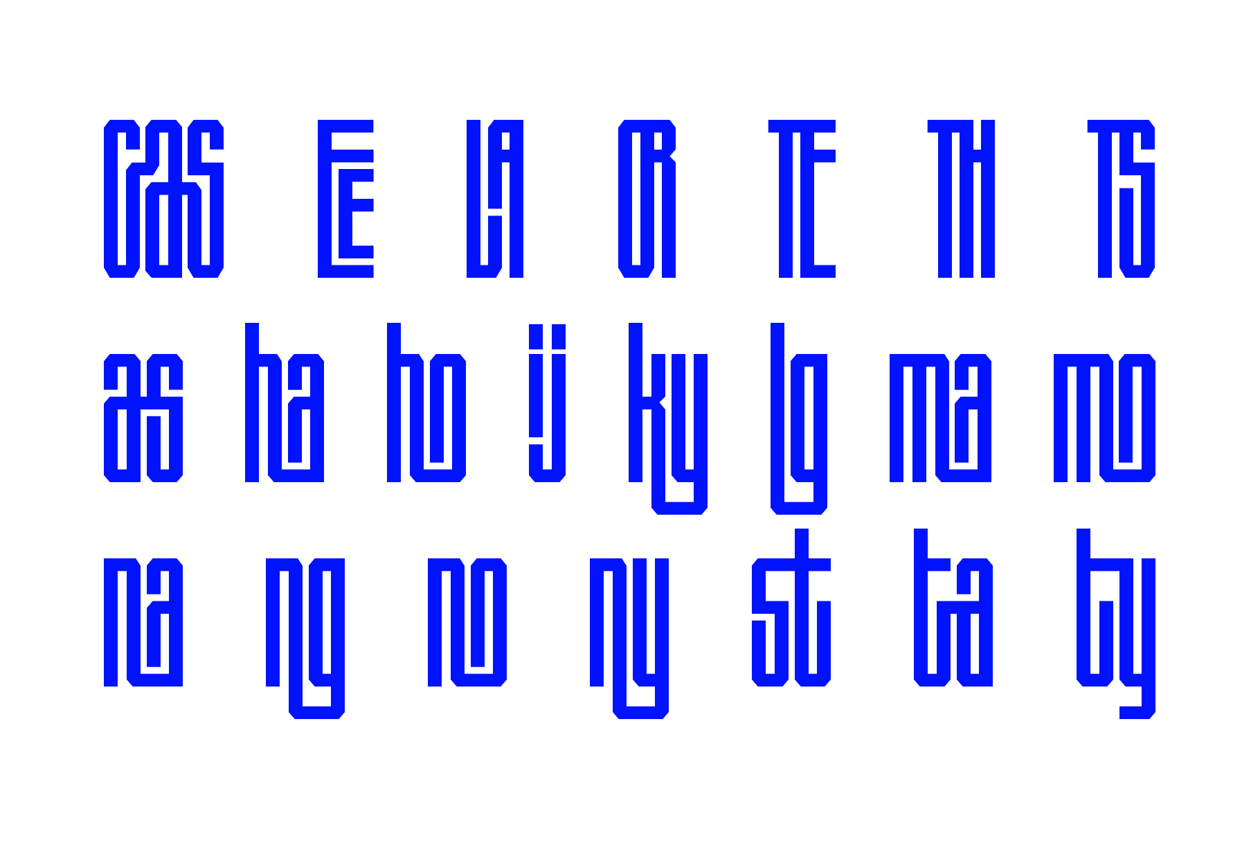 Bold geometric font with interlocking letterforms on bright blue background