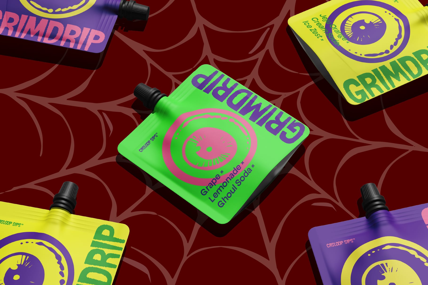 Neon pouch mockups in green, purple, yellow with bold circular badges on dark red web pattern background